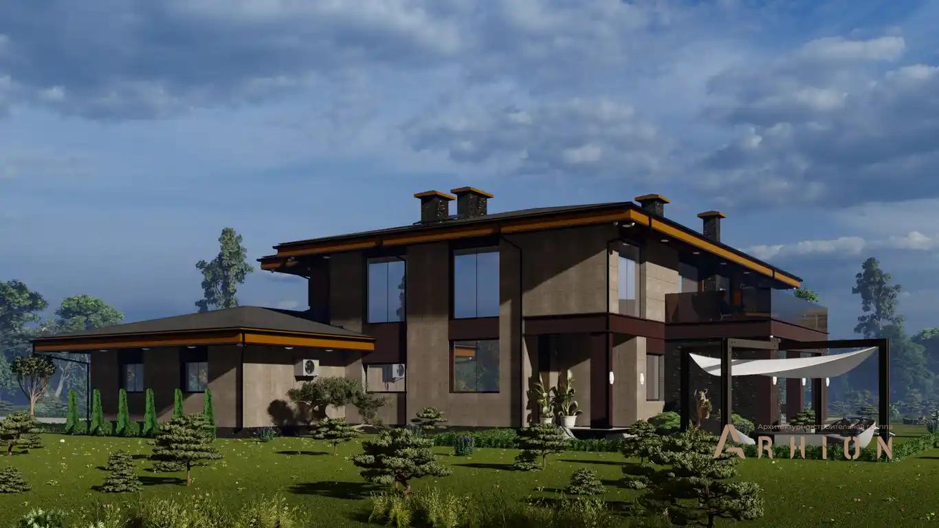 4. Проект двухэтажного дома в современном стиле с четырехскатной, h-1615, площадью - 726 кв c терассой, балконом, гаражом, вторым светом